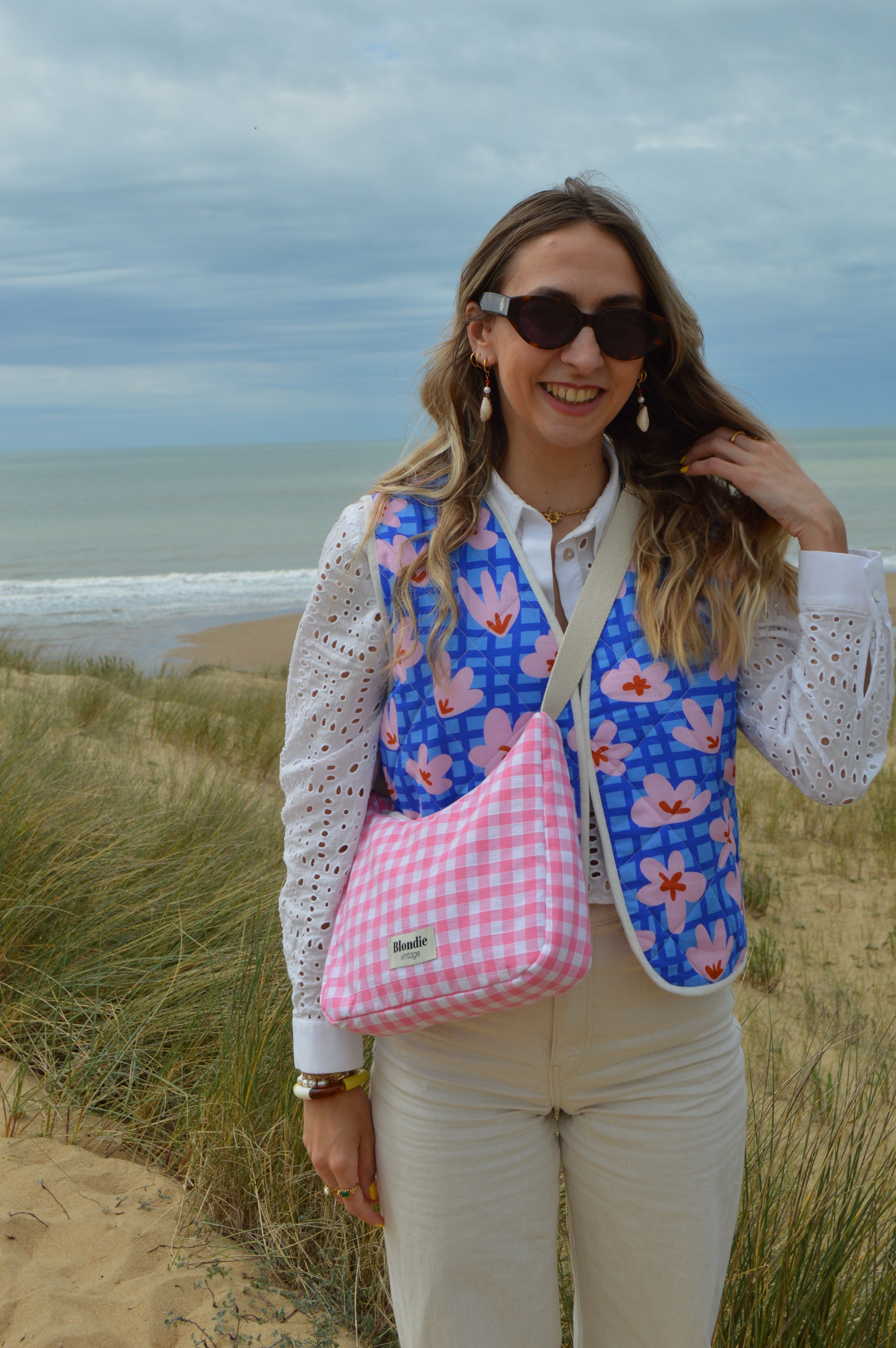 Sac upcyclé vichy rose à partir de tissus vintage fabriqué à la main 