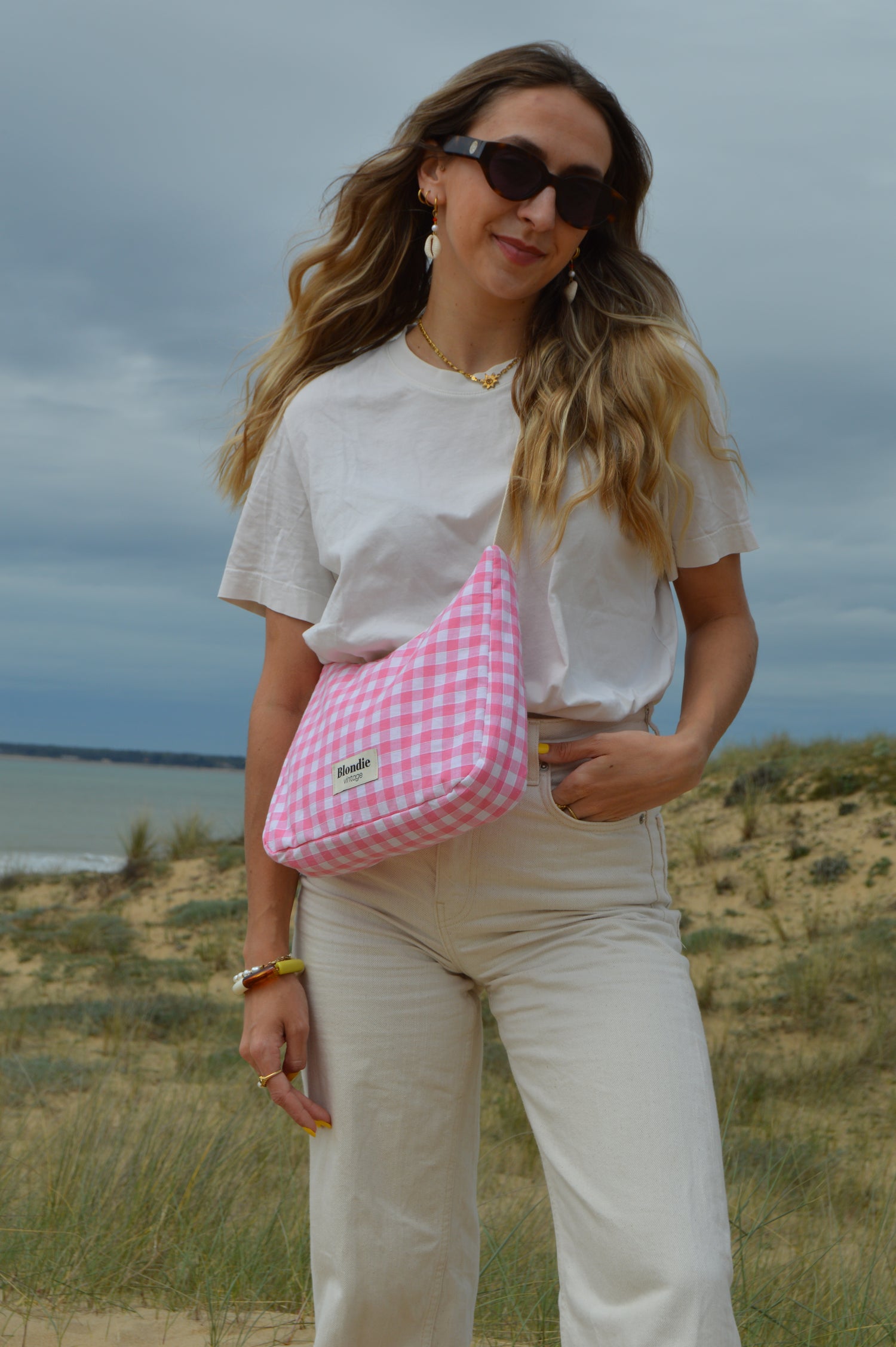 Sac upcyclé vichy rose à partir de tissus vintage fabriqué à la main 