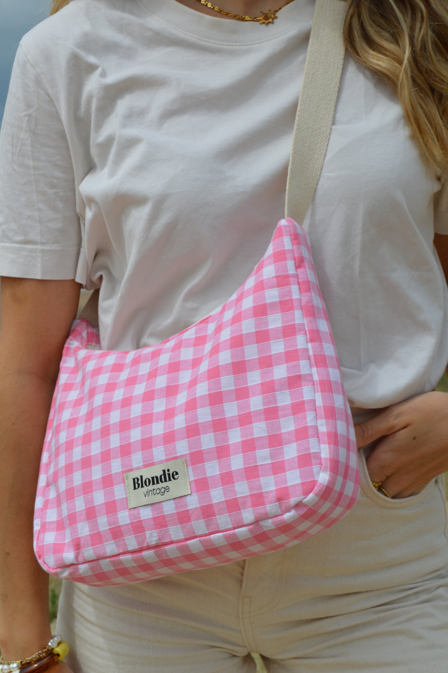 Sac upcyclé vichy rose à partir de tissus vintage fabriqué à la main 