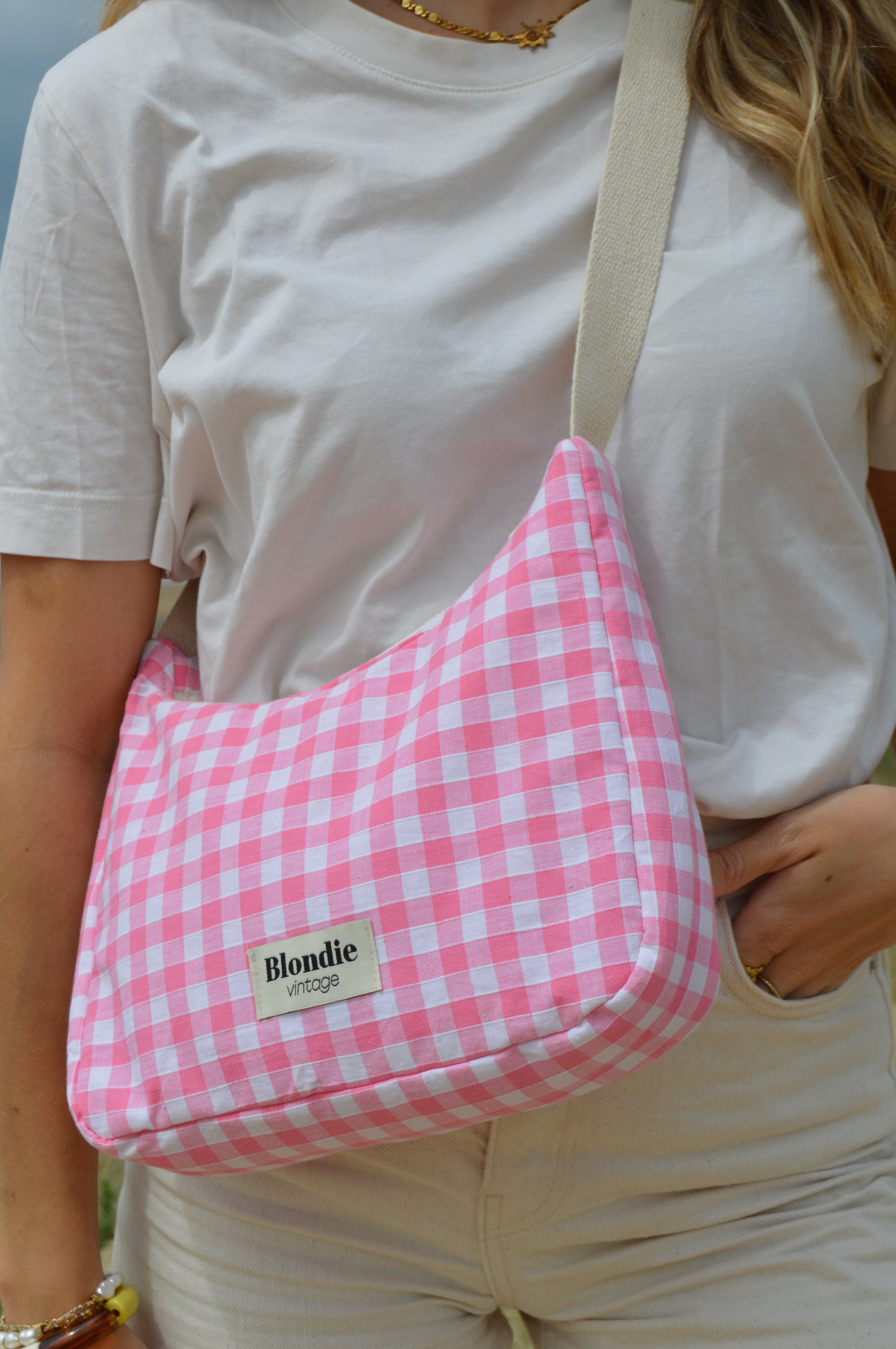 Sac upcyclé vichy rose à partir de tissus vintage fabriqué à la main 
