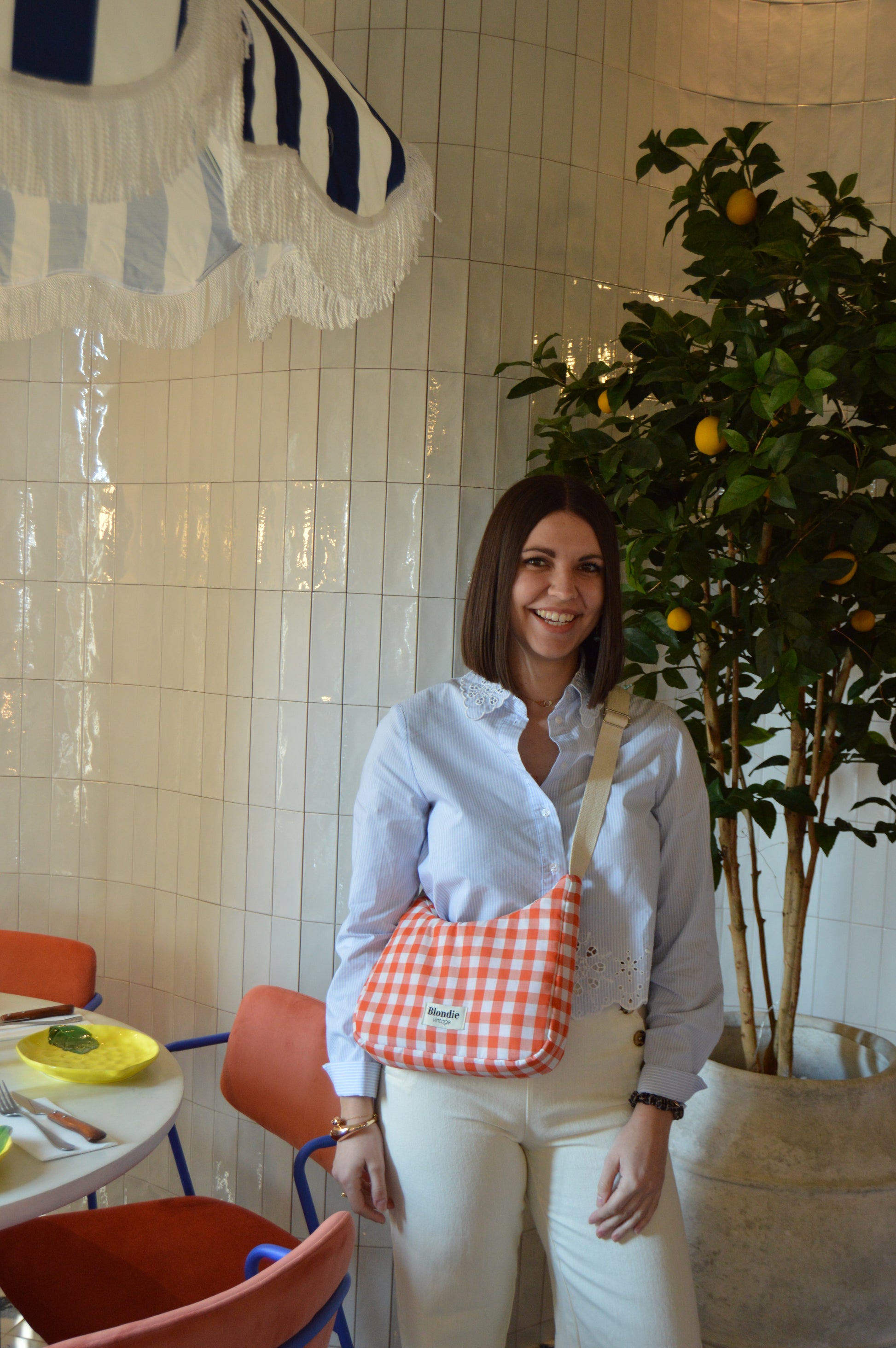 Sac upcyclé vichy orange fait à la main en France