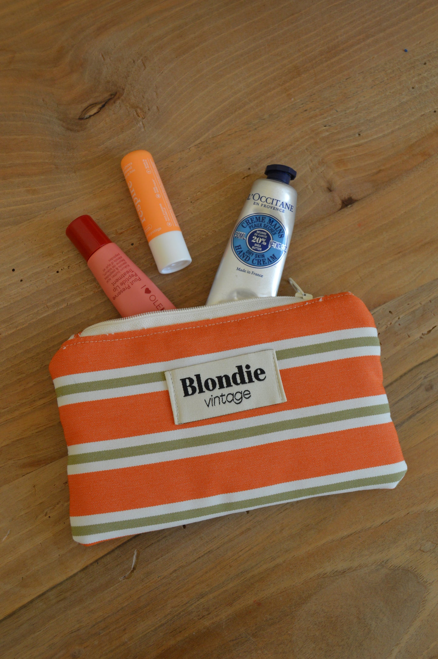 Mini pochette rayé orange fabriqué à partir de tissus vintages, portefeuille, porte carte, pochette mode durable et responsable fabriquée en france 
