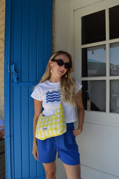 Sac crossbody vichy jaune fabriqué à partir de taie de traversin vintage mode durable mode responsable fabriqué à la main 