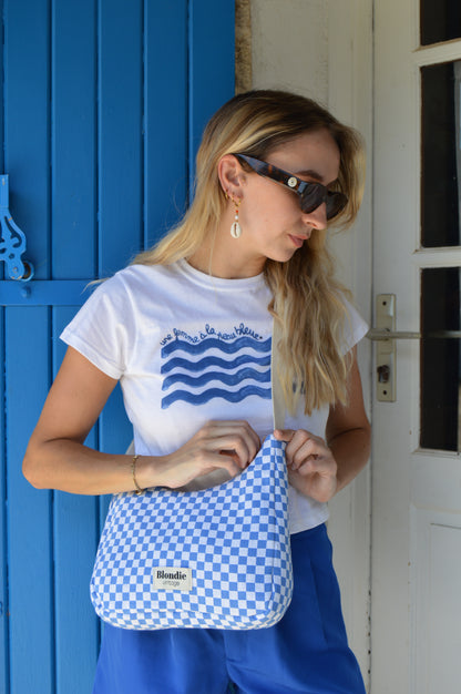 sac bandoulière damier bleu fabriquée à la main à partir de tissus vintages upcyclés mode durable