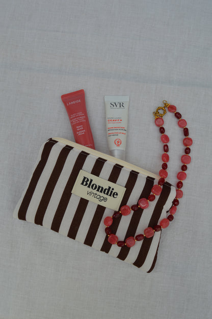 Mini pochette rayé marron confectionnée à la main à partir d'un tissu vintage upcyclé