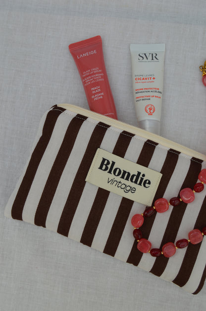 Mini pochette rayé marron confectionnée à la main à partir d'un tissu vintage upcyclé