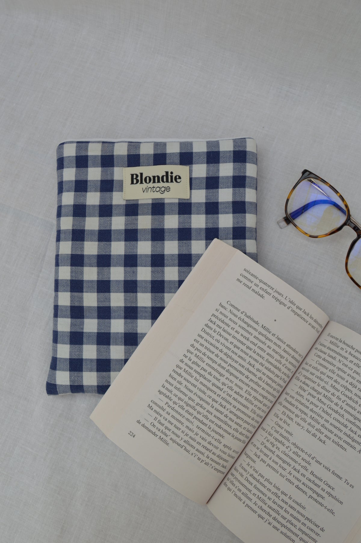 Housse de livre vichy bleu fabriqué à partir de tissu vintage mode durable mode responsable fabriqué à la main