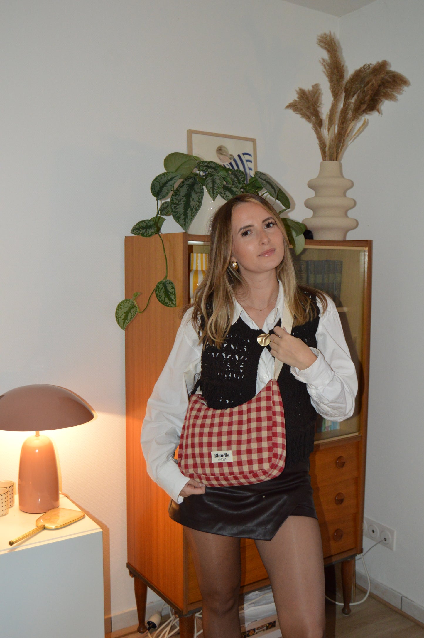 Sac crossbody vichy rouge fabriqué à partir de tissus vintage mode durable mode responsable fabriqué à la main 