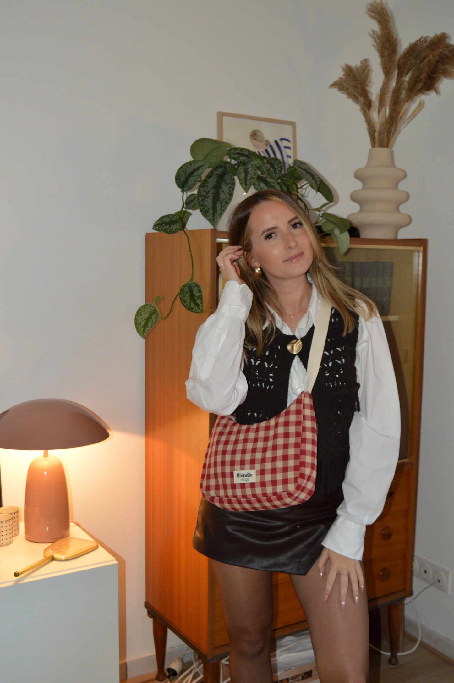 Sac crossbody vichy rouge fabriqué à partir de tissus vintage mode durable mode responsable fabriqué à la main 