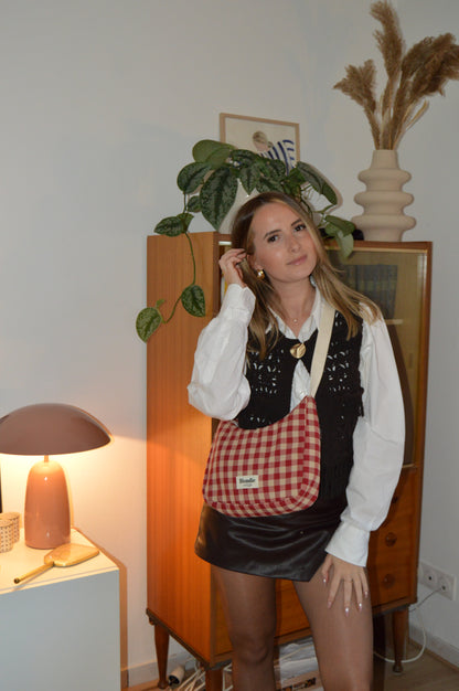 Sac crossbody vichy rouge fabriqué à partir de tissus vintage mode durable mode responsable fabriqué à la main 