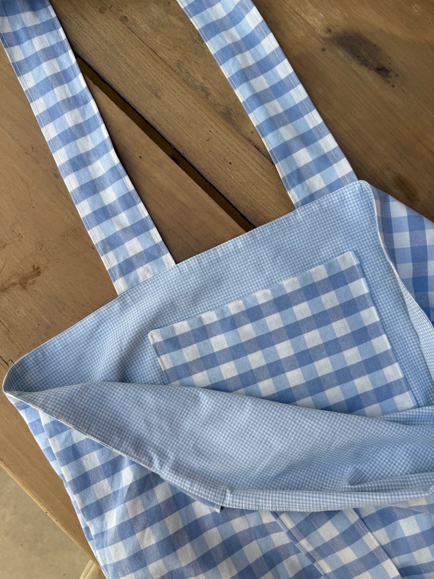 cabas vichy bleu fabriquée à partir de tissus vintage à la main avec biais coloré