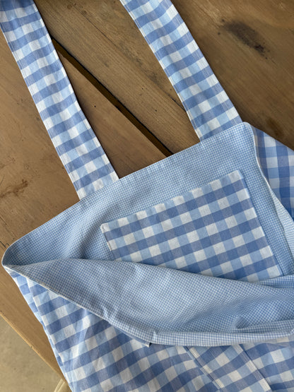 cabas vichy bleu fabriquée à partir de tissus vintage à la main avec biais coloré