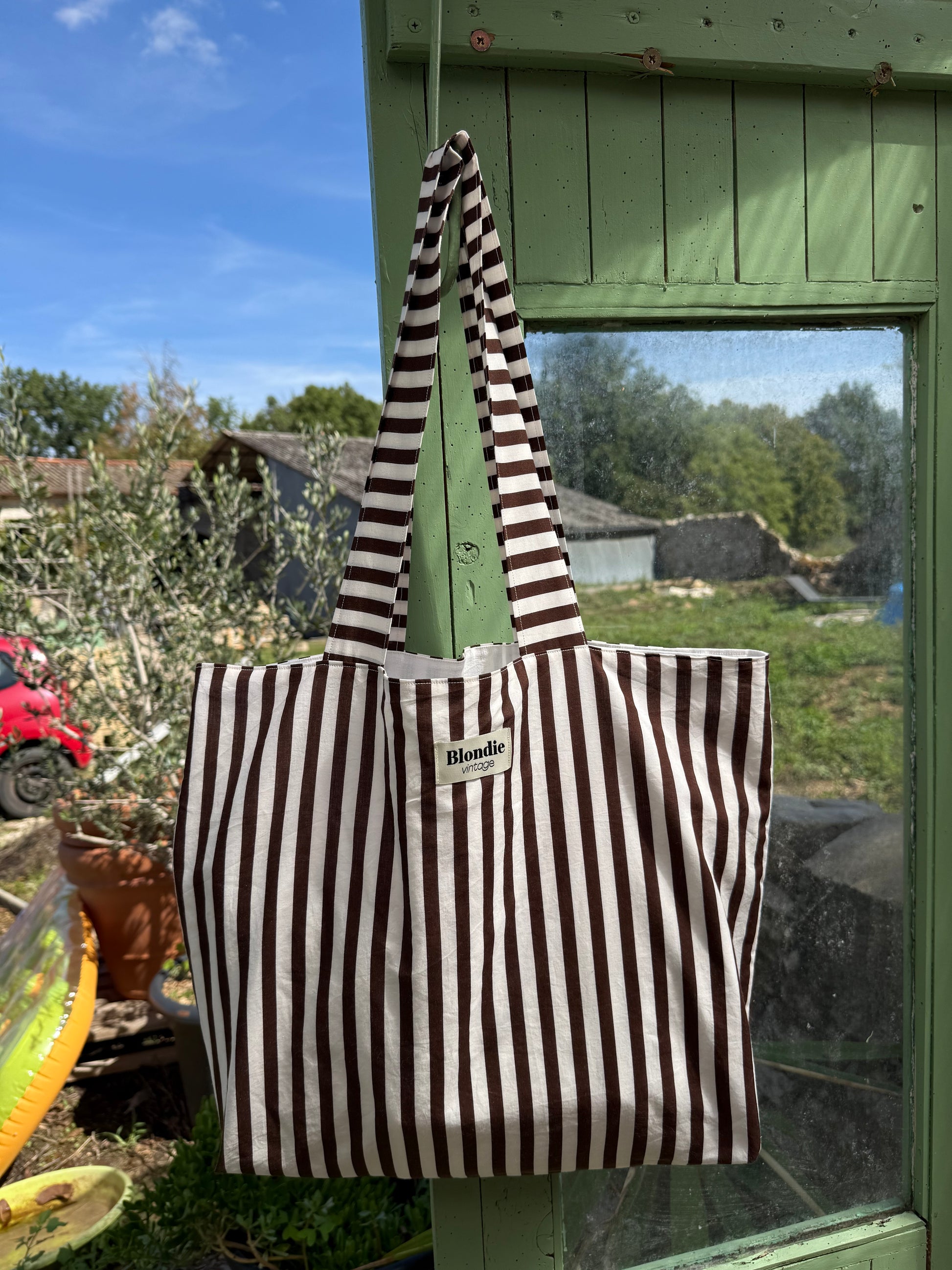 cabas rayé marron fabriquée à partir de tissus vintage à la main avec biais coloré
