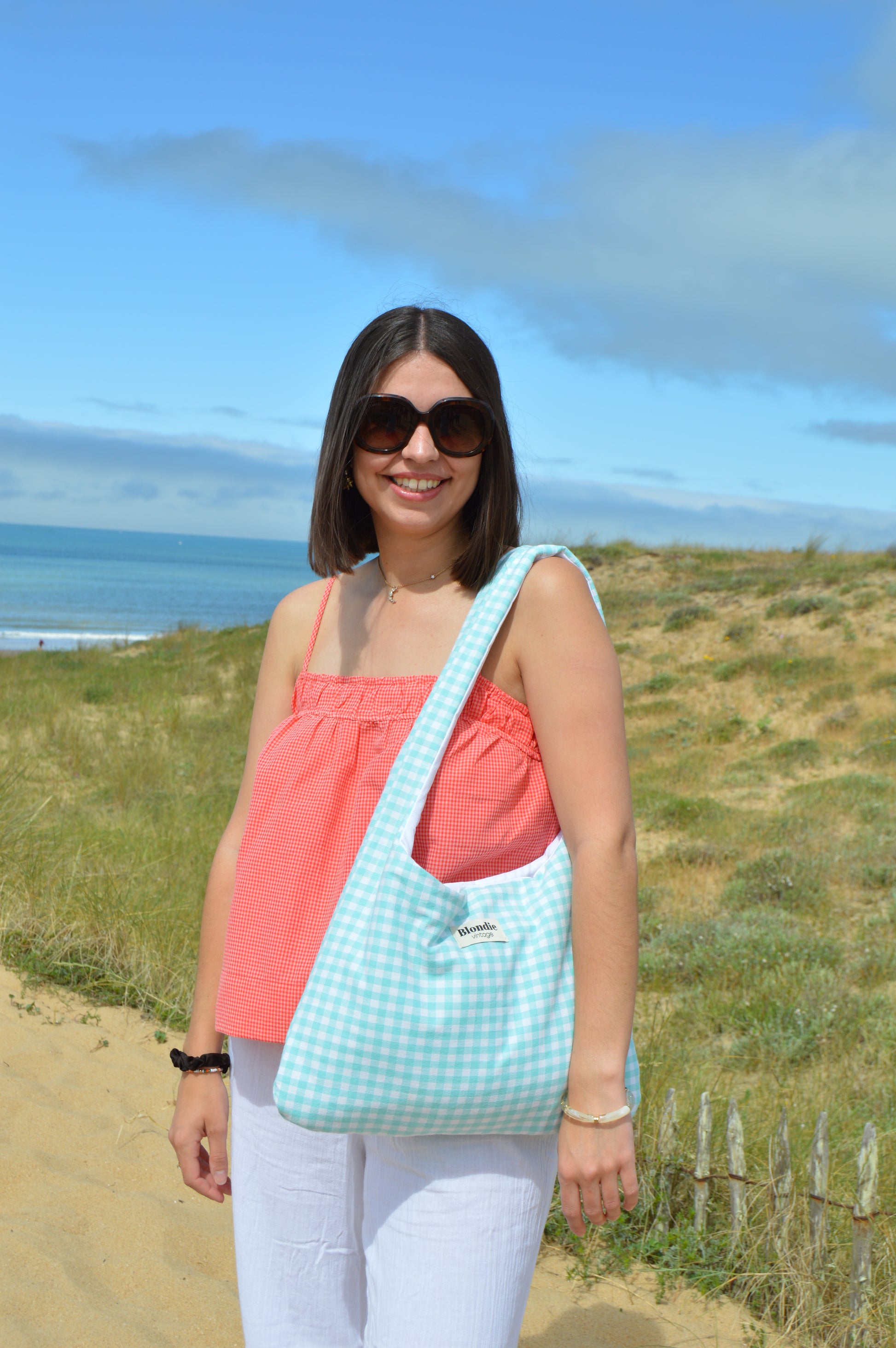 Sac boho vichy turquoise fabriqué à partir de taie de traversin vintage mode durable mode responsable fabriqué à la main 