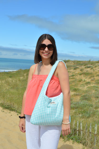Sac boho vichy turquoise fabriqué à partir de taie de traversin vintage mode durable mode responsable fabriqué à la main 