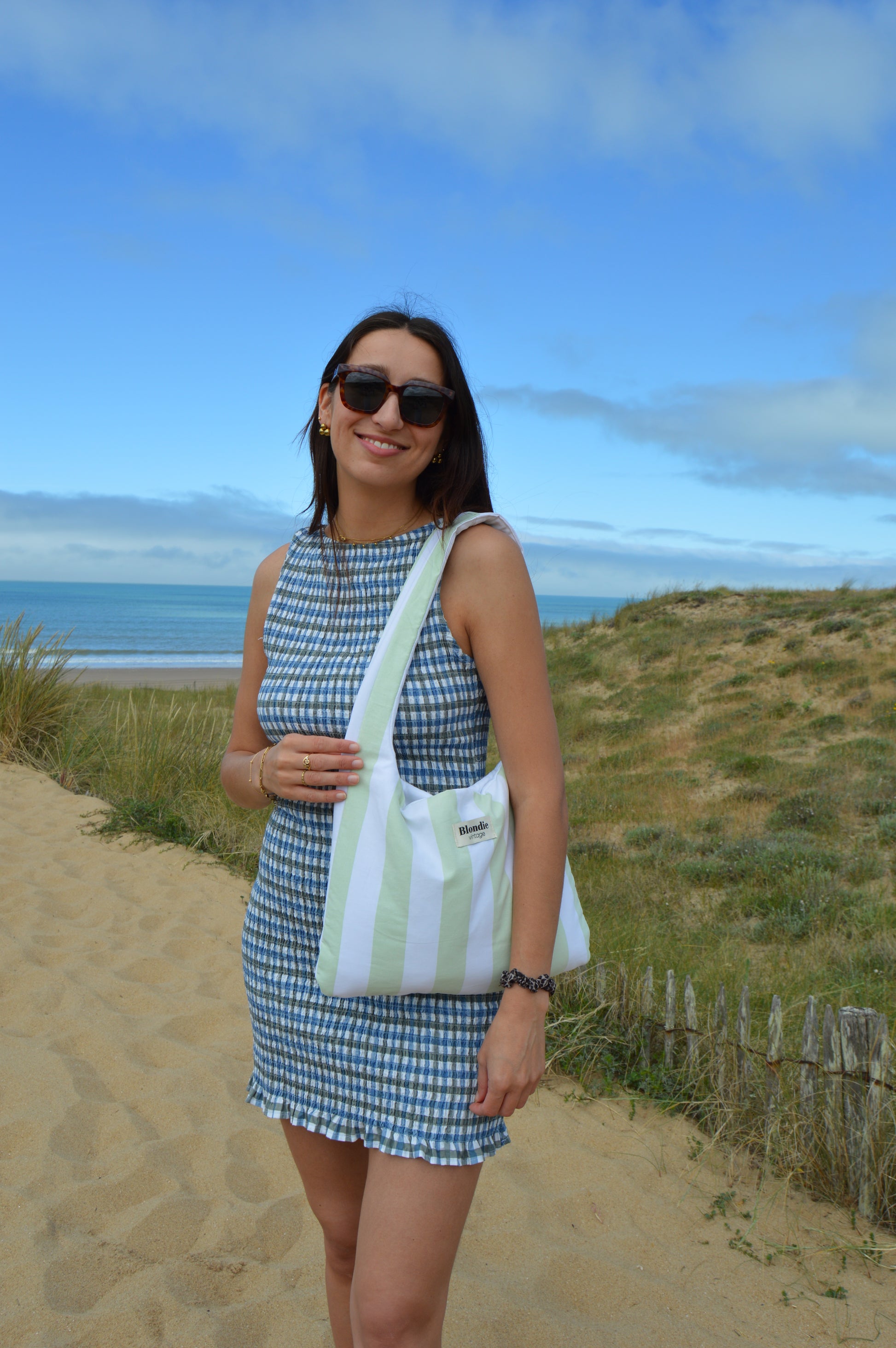 Sac boho rayé vert fabriqué à partir de taie de traversin vintage mode durable mode responsable fabriqué à la main 