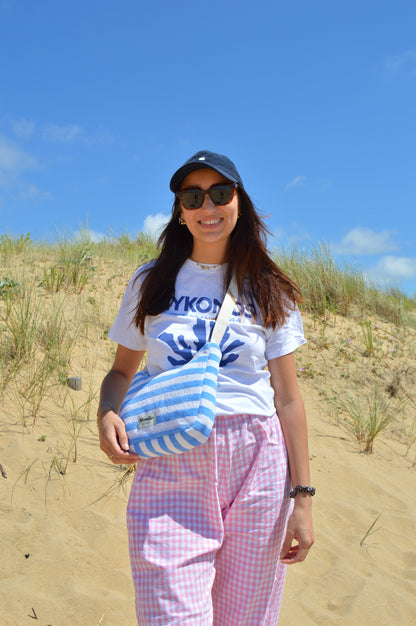 sac bandoulière rayé bleu fabriquée à la main à partir de serviette de bain vintages upcyclées mode durable
