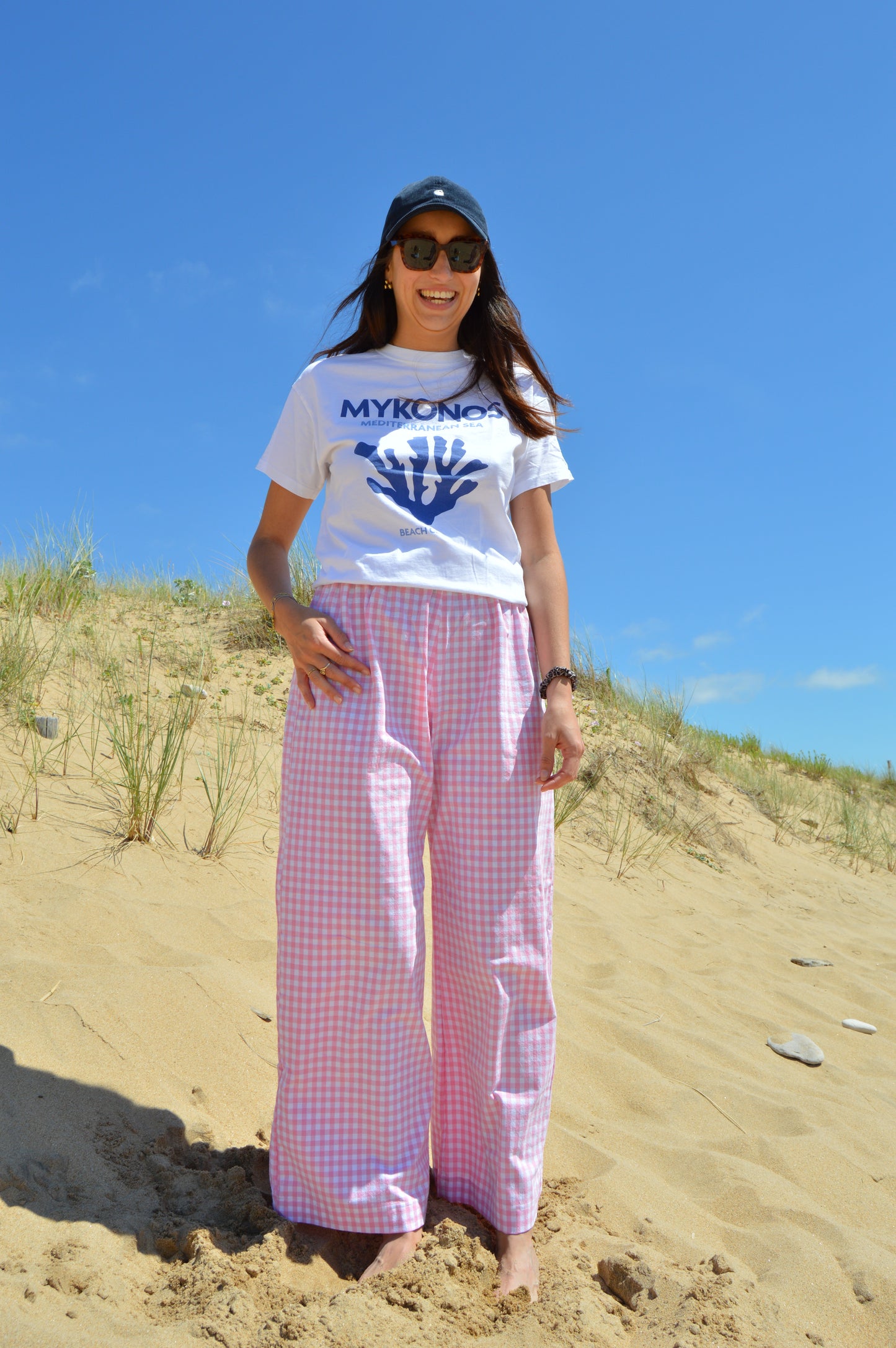 Pantalon vichy rose upcyclé à partir de drap vintage made in france mode durable et responsable 