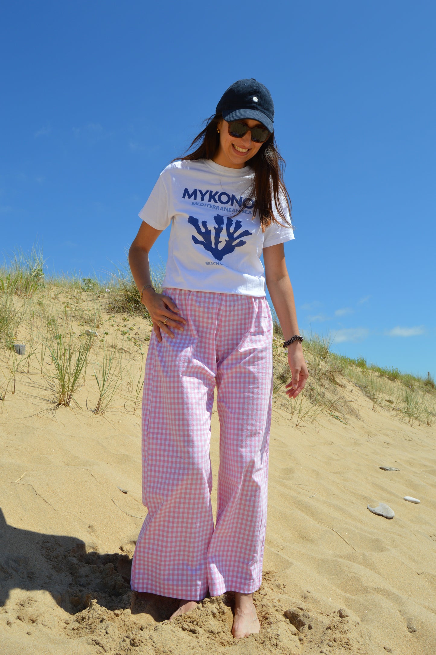 Pantalon vichy rose upcyclé à partir de drap vintage made in france mode durable et responsable 