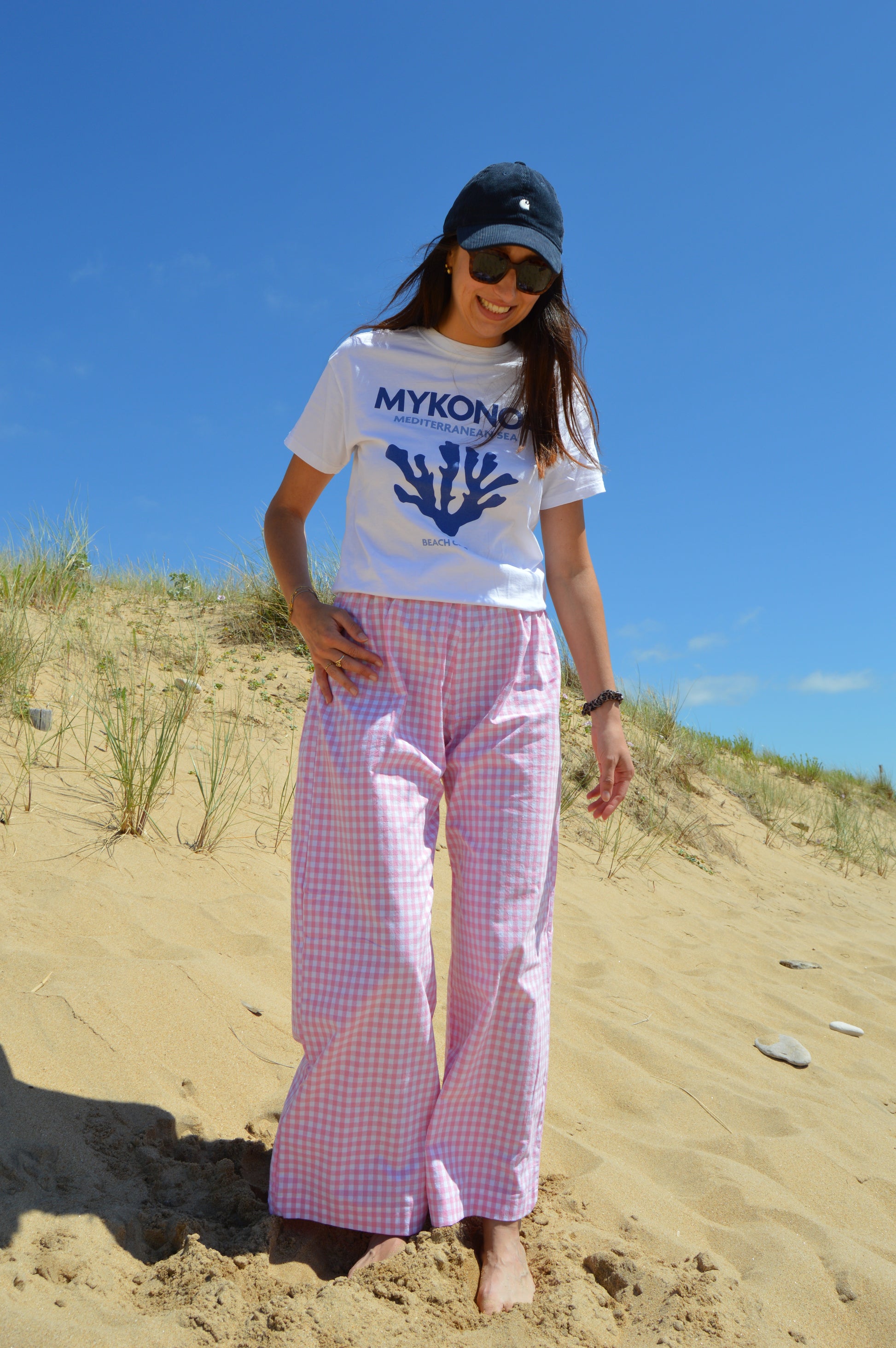 Pantalon vichy rose upcyclé à partir de drap vintage made in france mode durable et responsable 