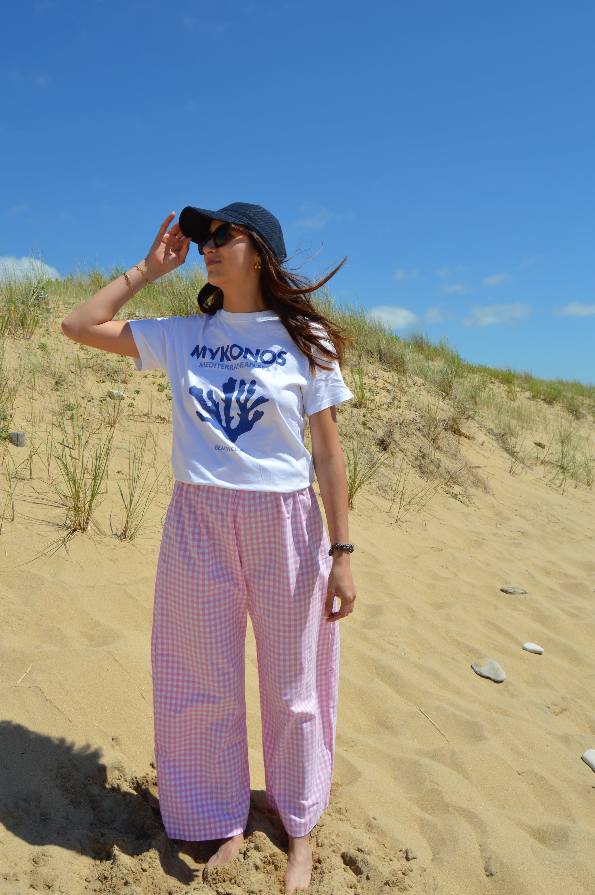 Pantalon vichy rose upcyclé à partir de drap vintage made in france mode durable et responsable 