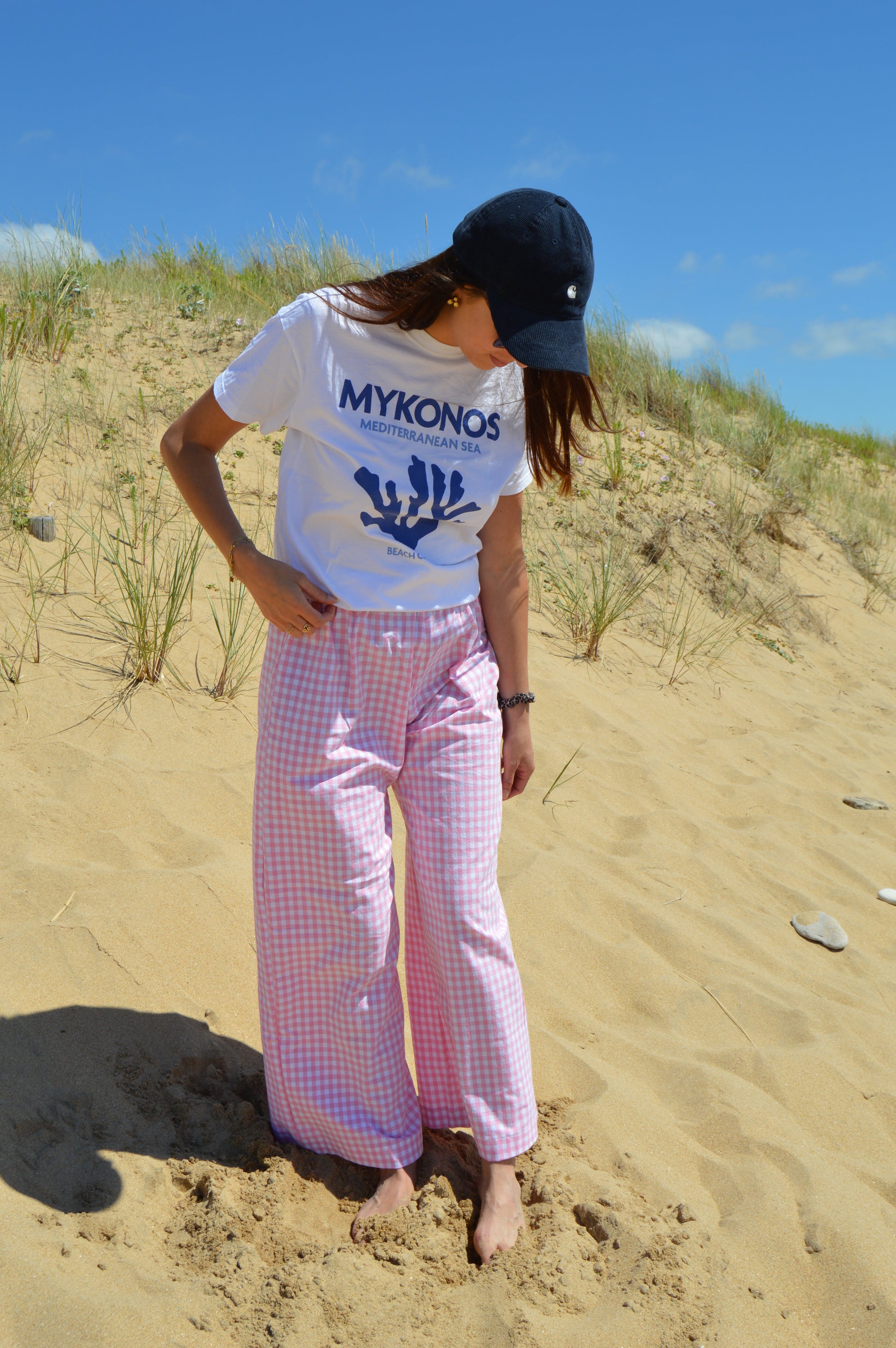 Pantalon vichy rose upcyclé à partir de drap vintage made in france mode durable et responsable 
