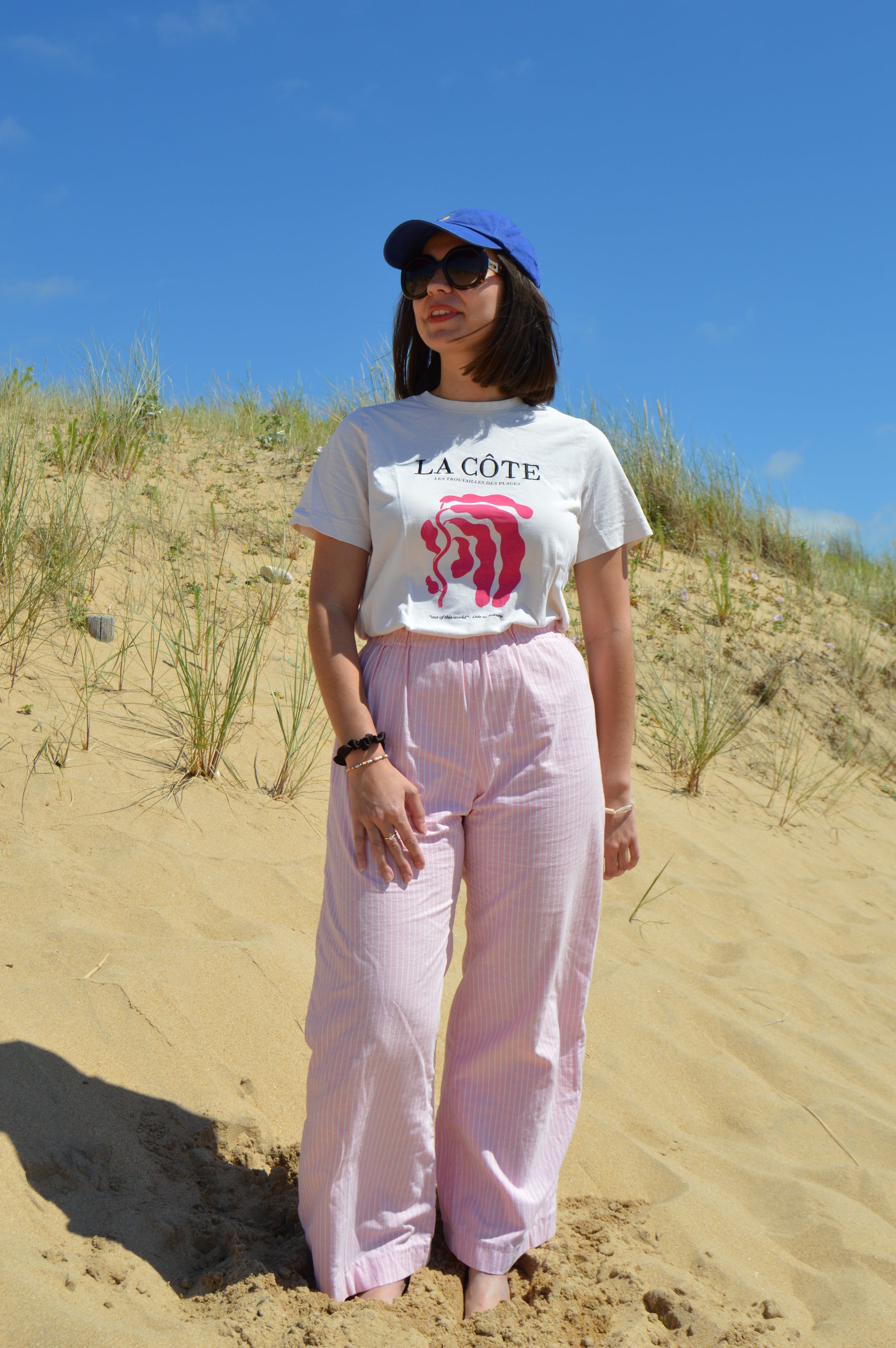 Pantalon rayé rose upcyclé à partir de drap vintage made in france mode durable et responsable 