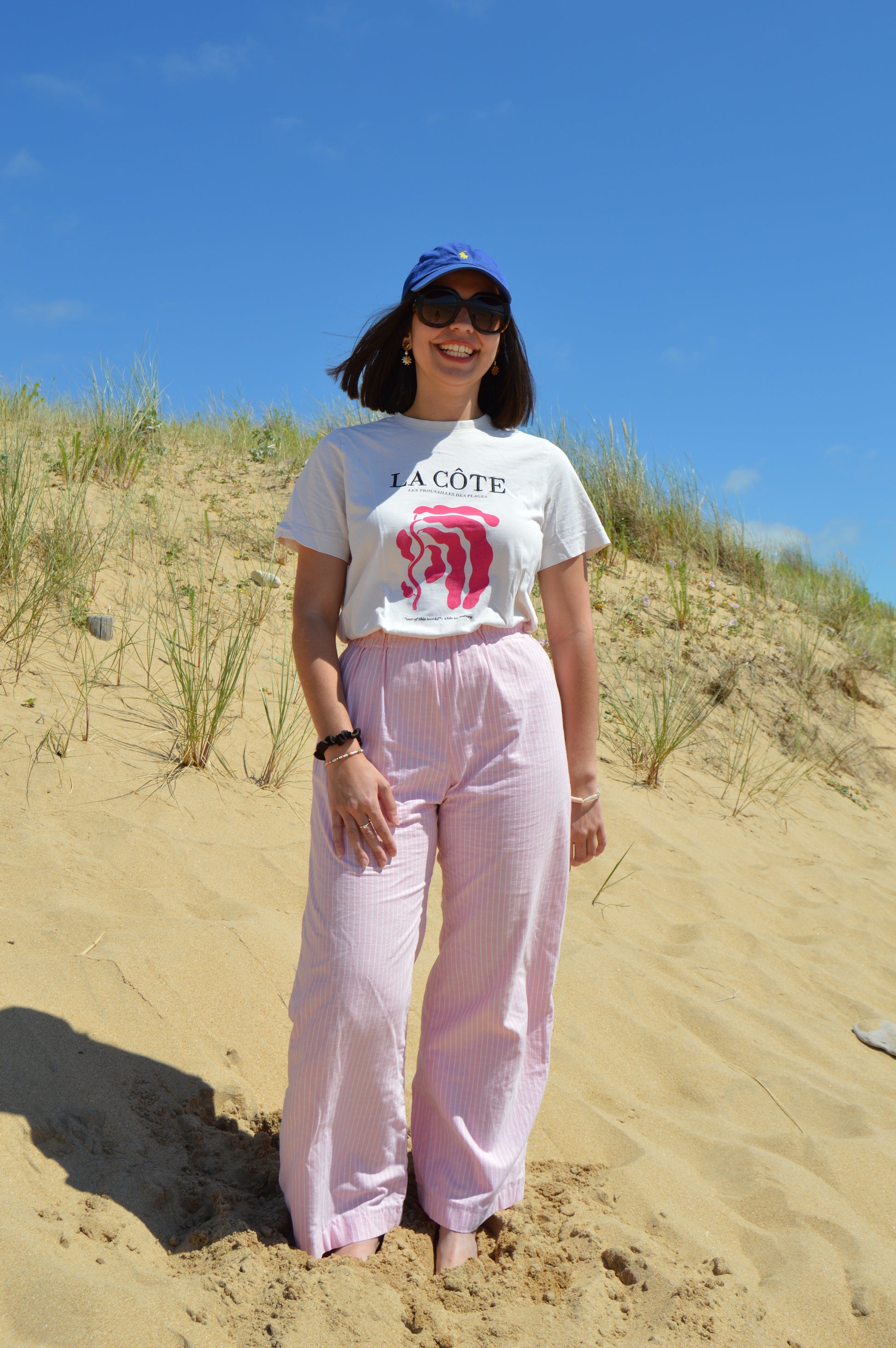 Pantalon rayé rose upcyclé à partir de drap vintage made in france mode durable et responsable 