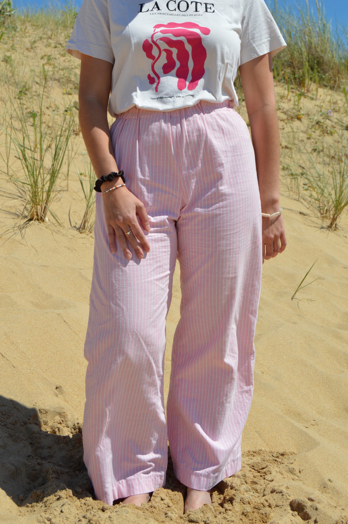 Pantalon rayé rose upcyclé à partir de drap vintage made in france mode durable et responsable 