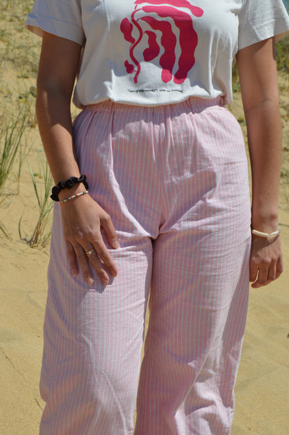 Pantalon rayé rose upcyclé à partir de drap vintage made in france mode durable et responsable 
