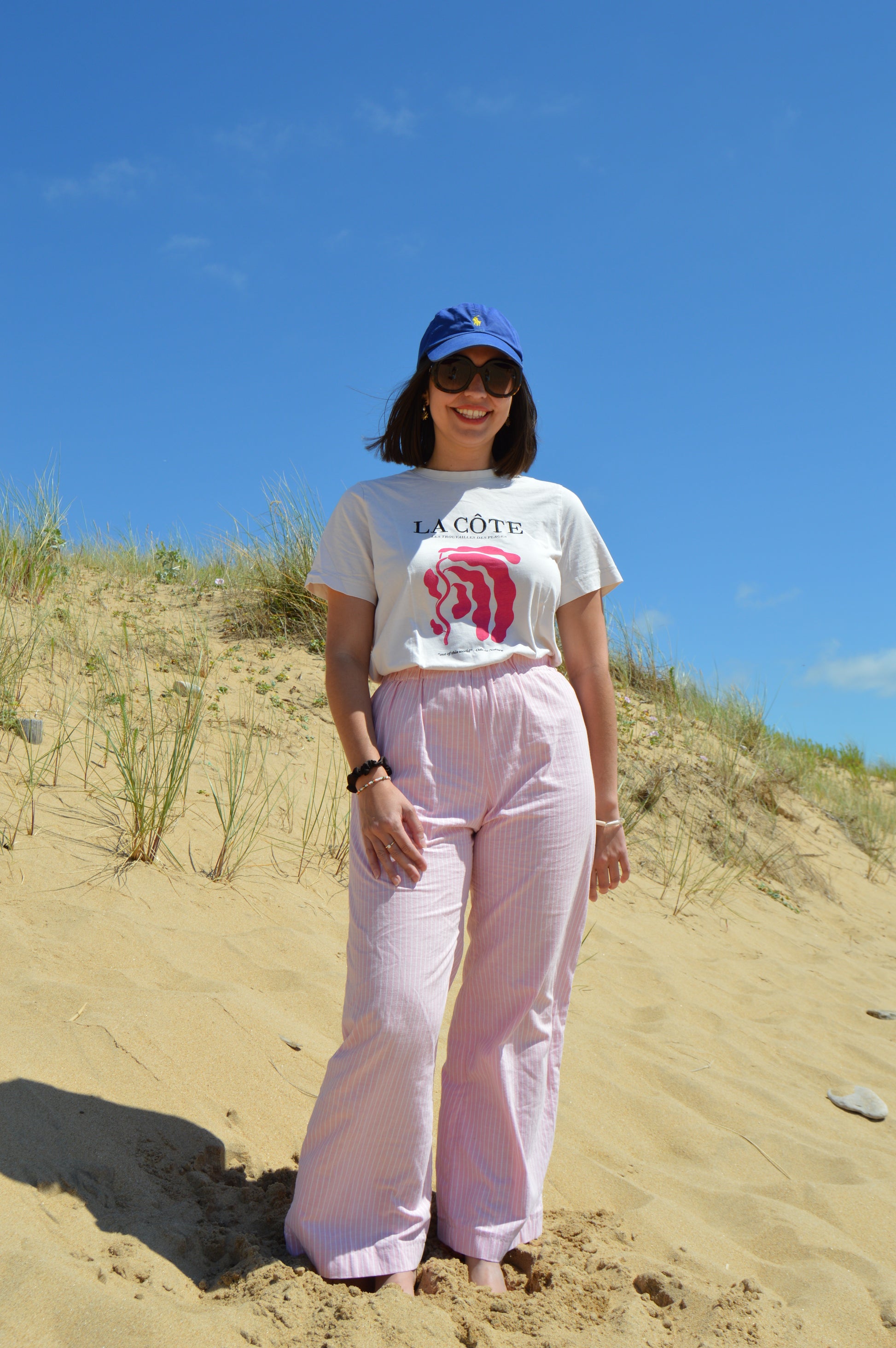 Pantalon rayé rose upcyclé à partir de drap vintage made in france mode durable et responsable 