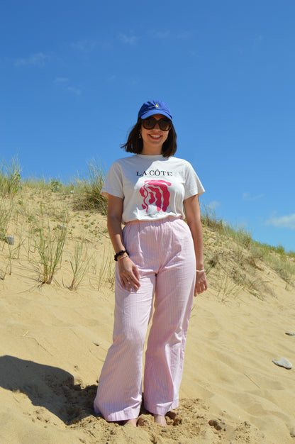 Pantalon rayé rose upcyclé à partir de drap vintage made in france mode durable et responsable 