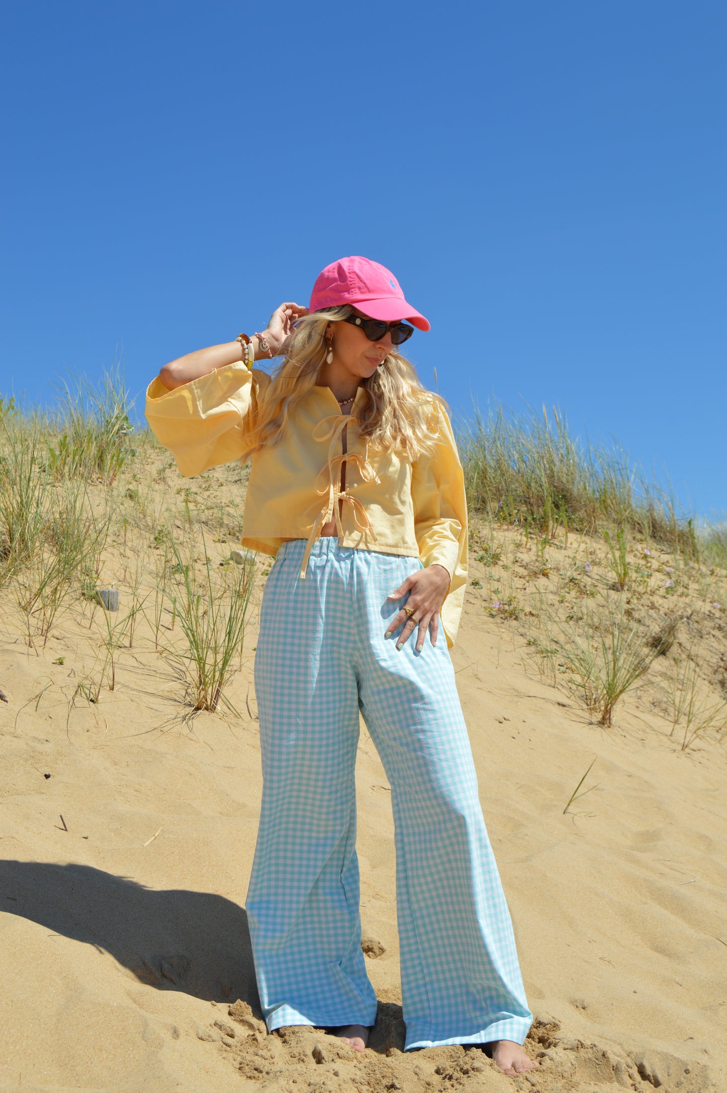 Pantalon vichy turquoise upcyclé à partir de drap vintage made in france mode durable et responsable 