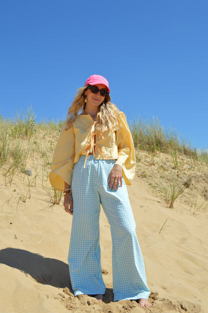 Pantalon vichy turquoise upcyclé à partir de drap vintage made in france mode durable et responsable 