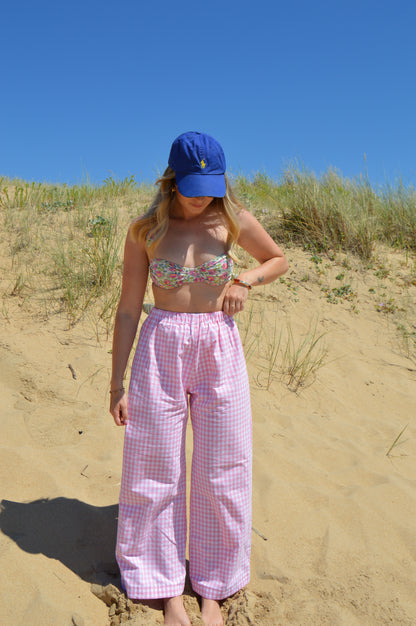 Pantalon vichy rose upcyclé à partir de drap vintage made in france mode durable et responsable 