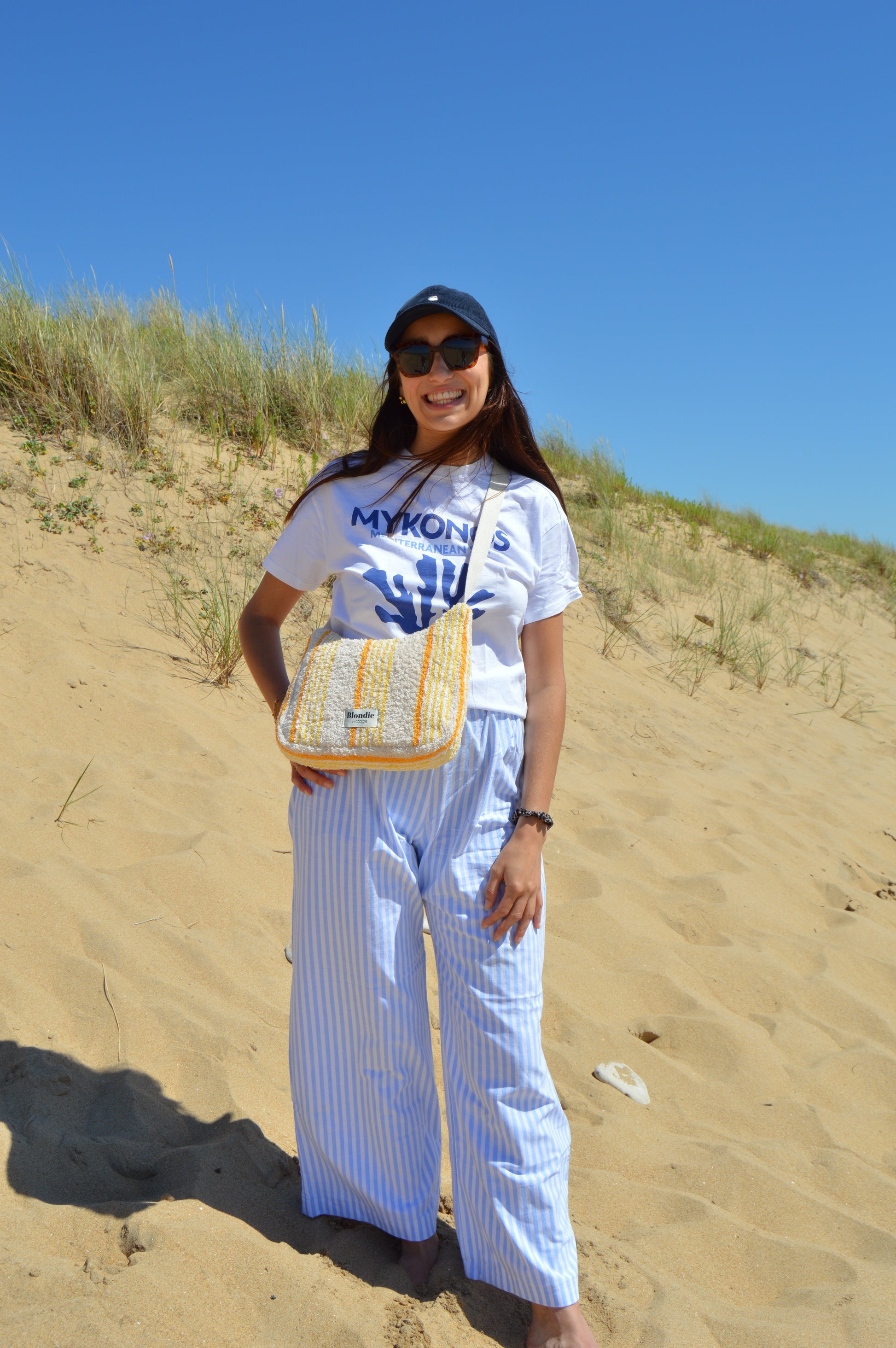 sac bandoulière rayé jaune fabriquée à la main à partir de serviette de bain vintages upcyclées mode durable